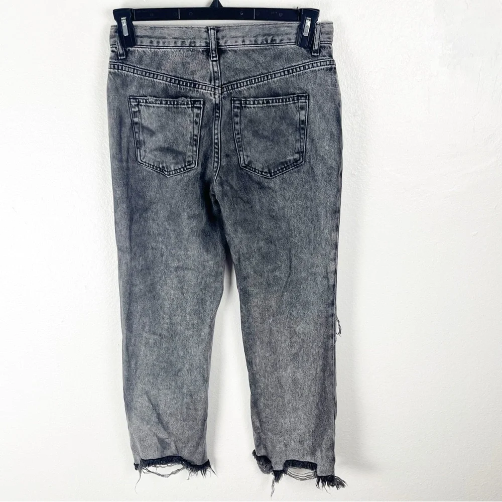 FREE PEOPLE Maggie Black Wash Button Fly Busted Knees Sharkbite Hem Jeans 26